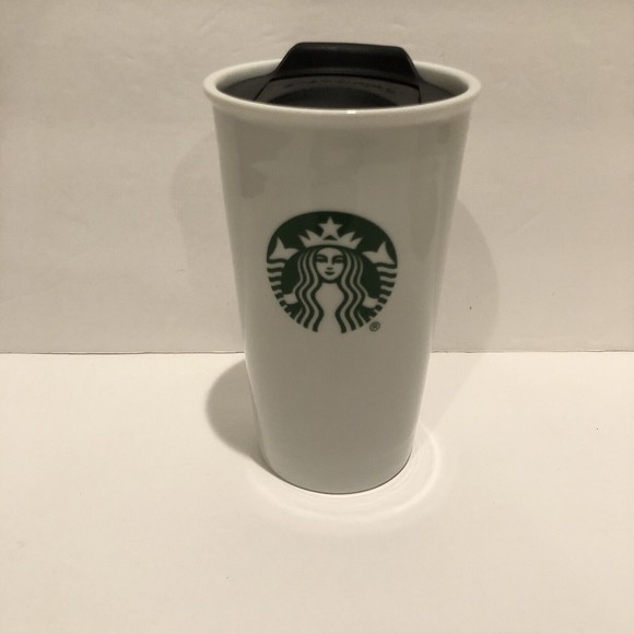 Starbucks Other - Starbucks Travel Mug 10 Oz White Green Ceramic Cup Lid 2014